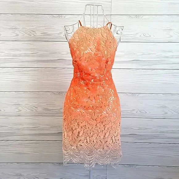 A.Peach crocheted lace halter dress in sunburnt orange Women's Size S - Picture 1 of 12